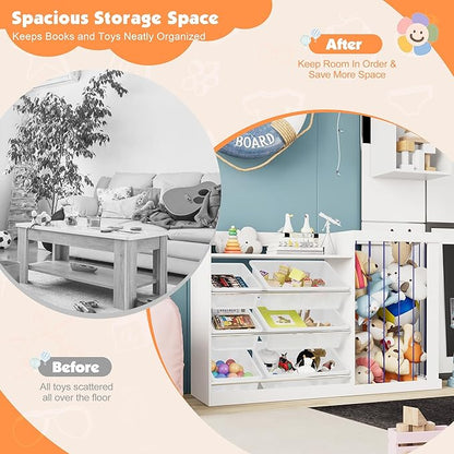Kids Toy Storage Organizer with 3 Removable Plastic Bins Toddler Montessori Bookshelf with Stuffed Animal Net Holder Baby Bookcase Plush Organizer for Playroom, Bedroom,Kids Room,Classroom,Nursery