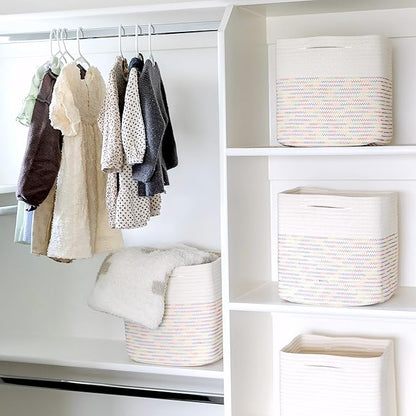 NaturalCozy Storage Cubes 11 Inch Cotton Rope Woven Baskets for Organizing, 3-Pack | Cube Storage Bin | Square Storage Baskets for Shelves Organizer, Classroom, Kids Toy Bins, Closet, Baby Nursery