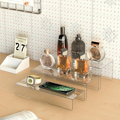 Clear Riser Display Shelf 3pcs, Desktop Rectangular Acrylic Display Shelves Storage Organizer, Acrylic Stands for Funko Pop Figure, Bags, Shoes, Spice Jars, Skincare, Cosmetics - 12-2&