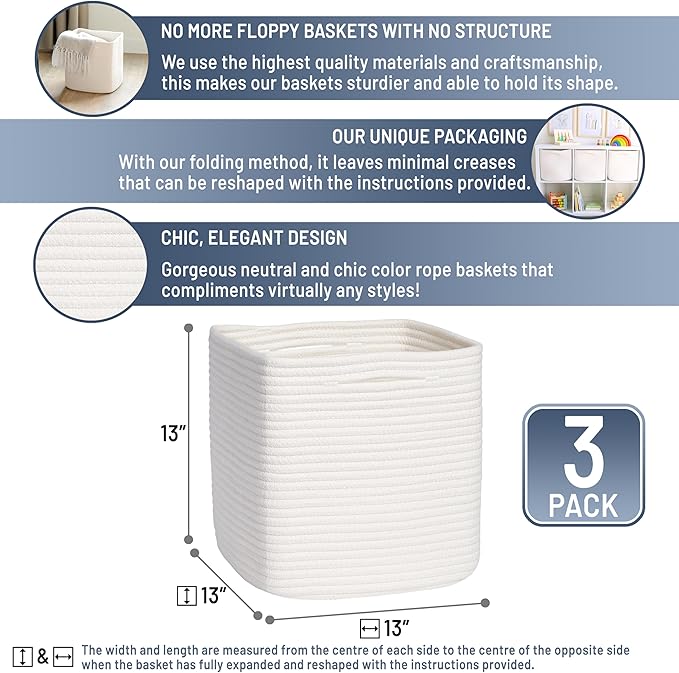 NaturalCozy 13 Inch Cube Storage Bins Cotton Rope Woven Baskets for Organizing 3-Pack | 13 x 13 Storage Cubes | Fabric Square Storage Baskets for Shelves Organizer, Kids Toy Bins, Closet Baby Nursery