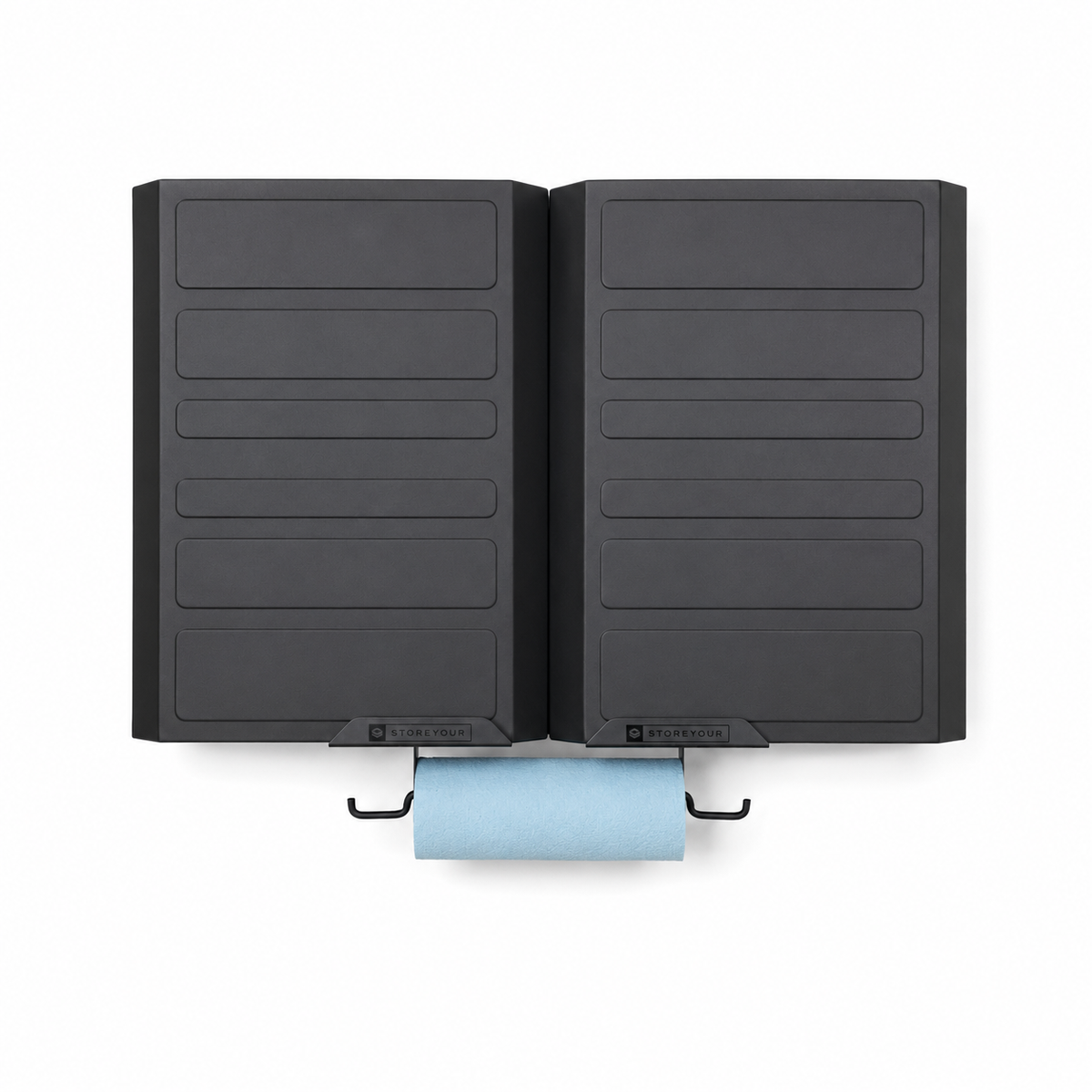Black wall-mounted towel holder with a blue towel on a white background