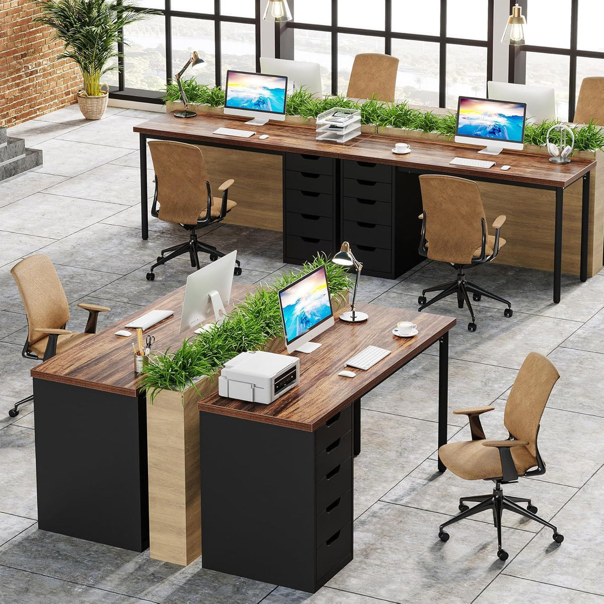 Computer Desk With 5 Drawers, Reversible Cabinet Design