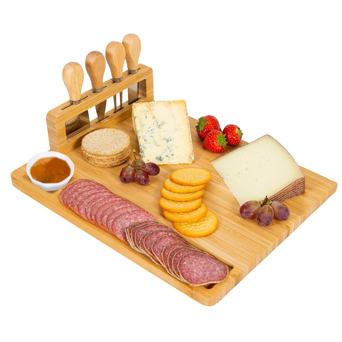 Bamboo Cheese Board Charcuterie Cheese Platter Board Serving Tray with Cutlery Set for Wedding Birth