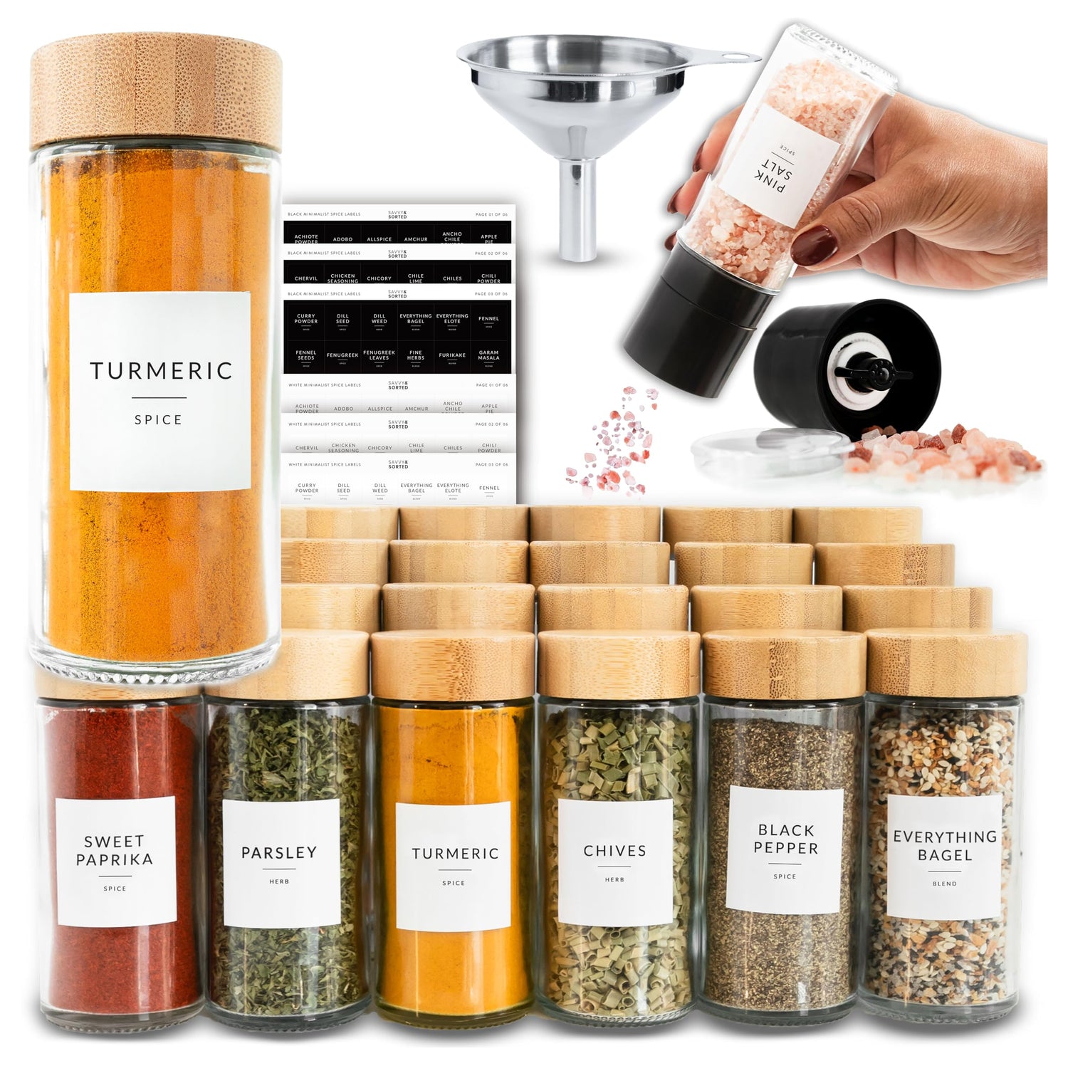 24 Round Glass Spice Jars with Labels