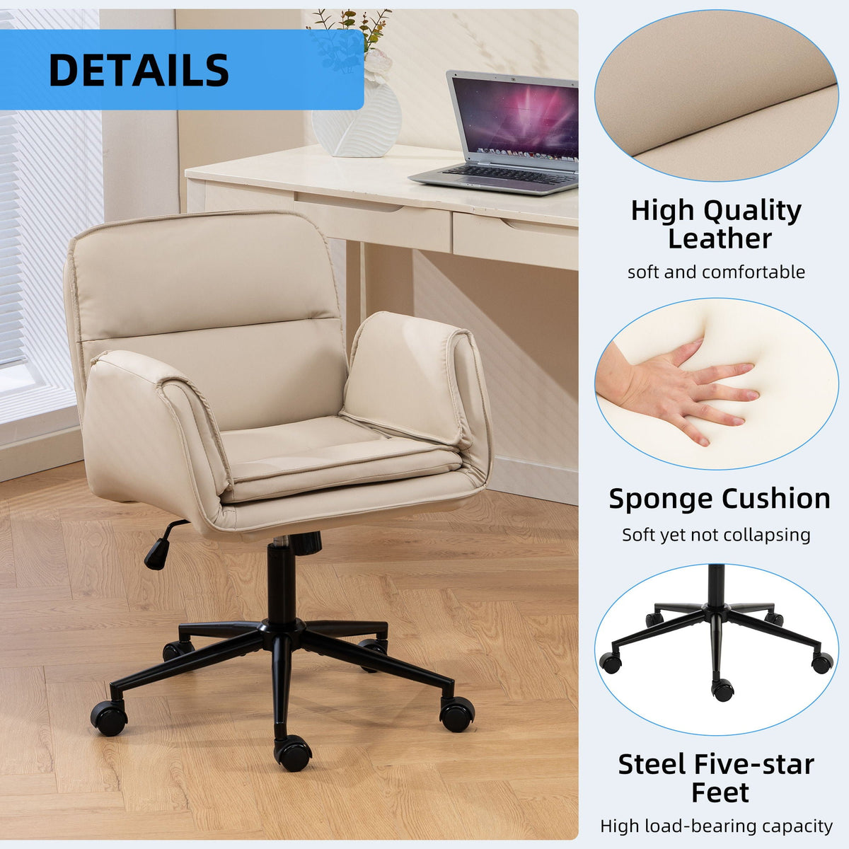 Criss Cross Swivel Desk Chair With Adjustable Armrests &amp; Wheels For Home Office