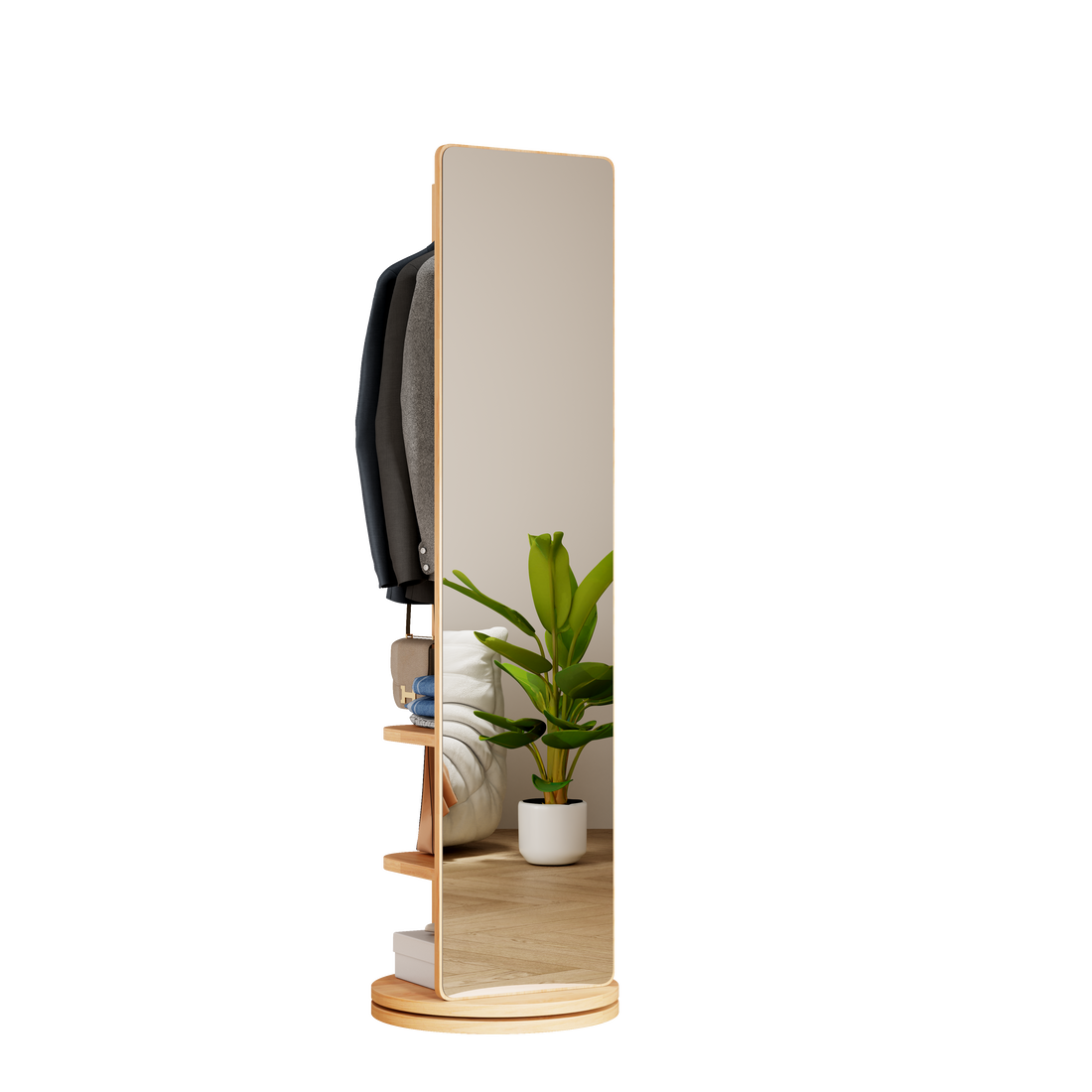 Wooden standing mirror with shelves on a white background