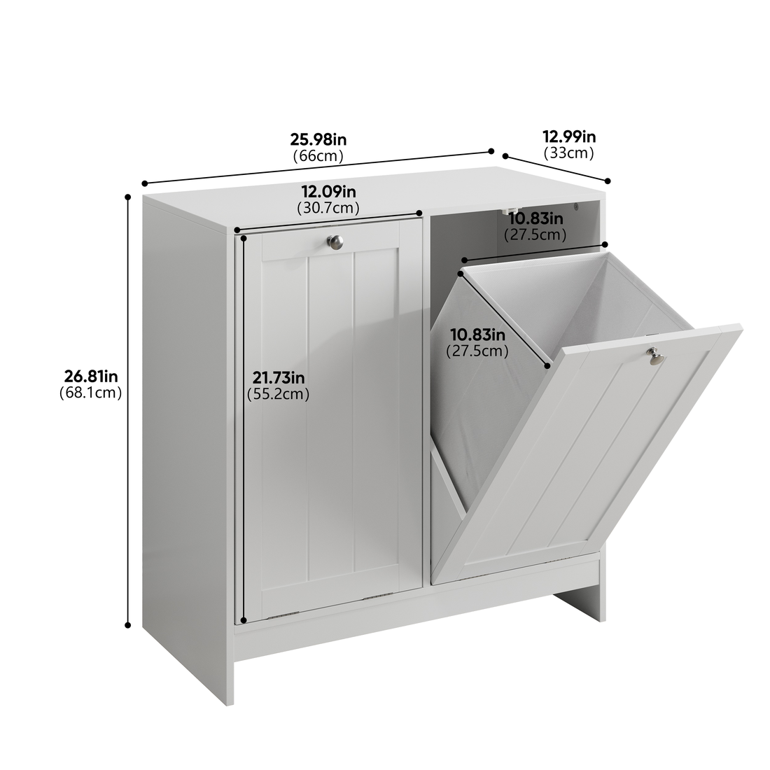 White storage cabinet with dimensions labeled on a white background