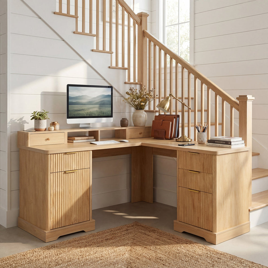 59" Modern Fluted L-Shaped Desk with Charging Station &amp; Storage