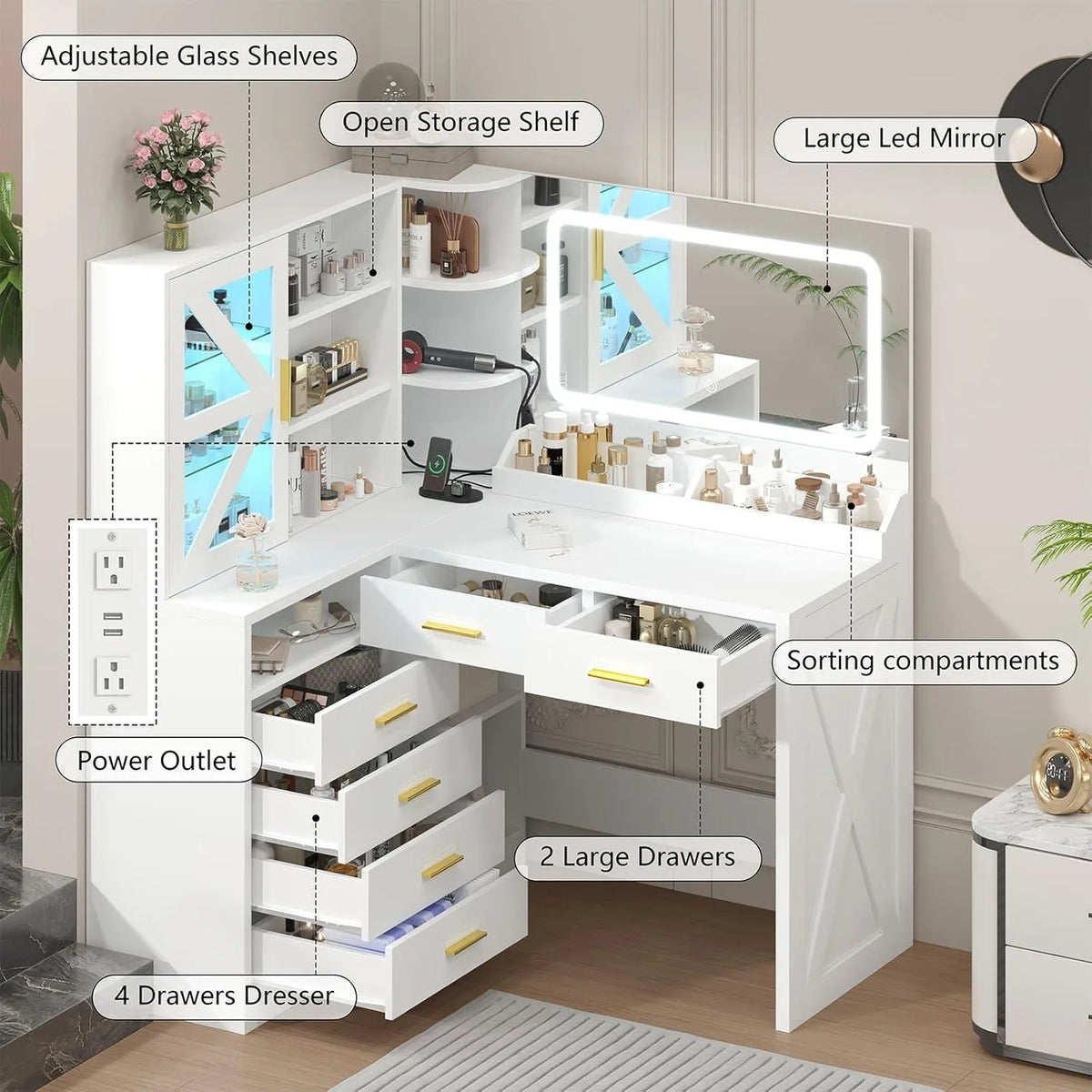 L-Shaped Corner Vanity Desk with LED Lighted Mirror &amp; Charging Station, White Makeup Vanity with 6 Drawers &amp; Sliding RGB Cabinet