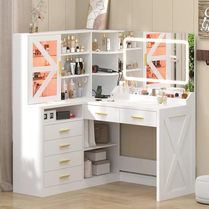 L-Shaped Corner Vanity Desk with LED Lighted Mirror &amp; Charging Station, White Makeup Vanity with 6 Drawers &amp; Sliding RGB Cabinet