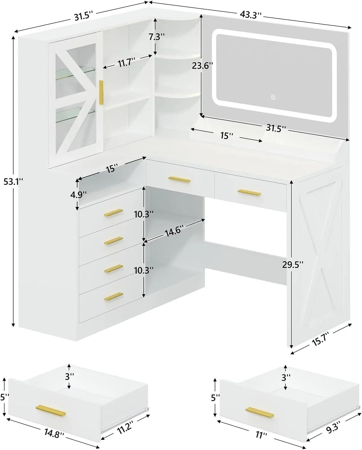 L-Shaped Corner Vanity Desk with LED Lighted Mirror &amp; Charging Station, White Makeup Vanity with 6 Drawers &amp; Sliding RGB Cabinet