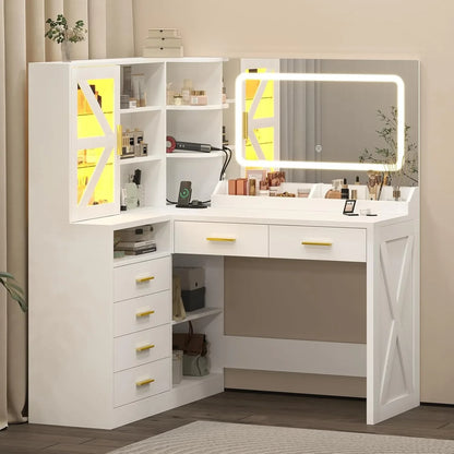 L-Shaped Corner Vanity Desk with LED Lighted Mirror &amp; Charging Station, White Makeup Vanity with 6 Drawers &amp; Sliding RGB Cabinet