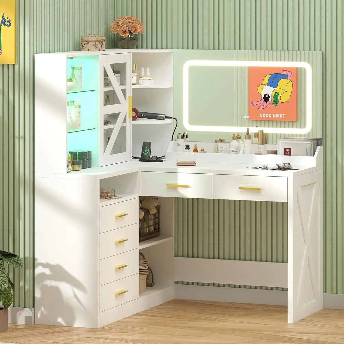 L-Shaped Corner Vanity Desk with LED Lighted Mirror &amp; Charging Station, White Makeup Vanity with 6 Drawers &amp; Sliding RGB Cabinet