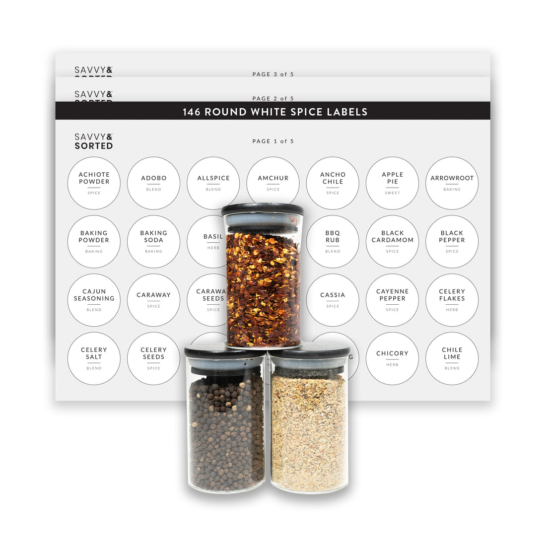 24 Black Bamboo Spice Jars and Round Spice Labels Bundle