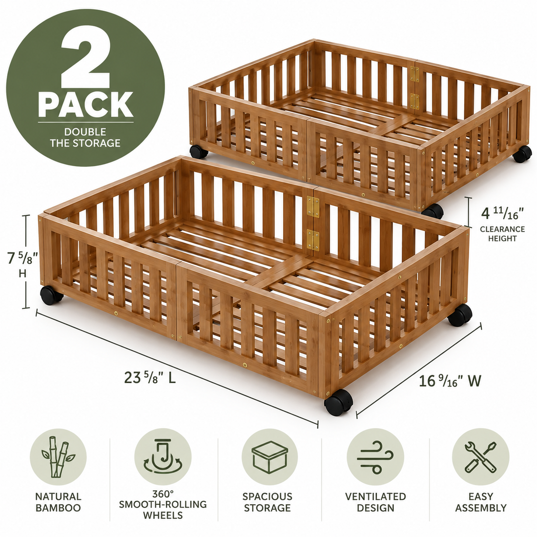 Two natural bamboo rolling storage crates with black wheels on a white background, showing dimensions (23 5/8" L x 16 9/16" W x 7 5/8" H) and a &