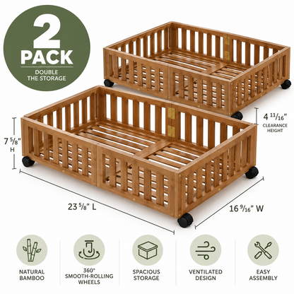 Two natural bamboo rolling storage crates with black wheels on a white background, showing dimensions (23 5/8" L x 16 9/16" W x 7 5/8" H) and a &