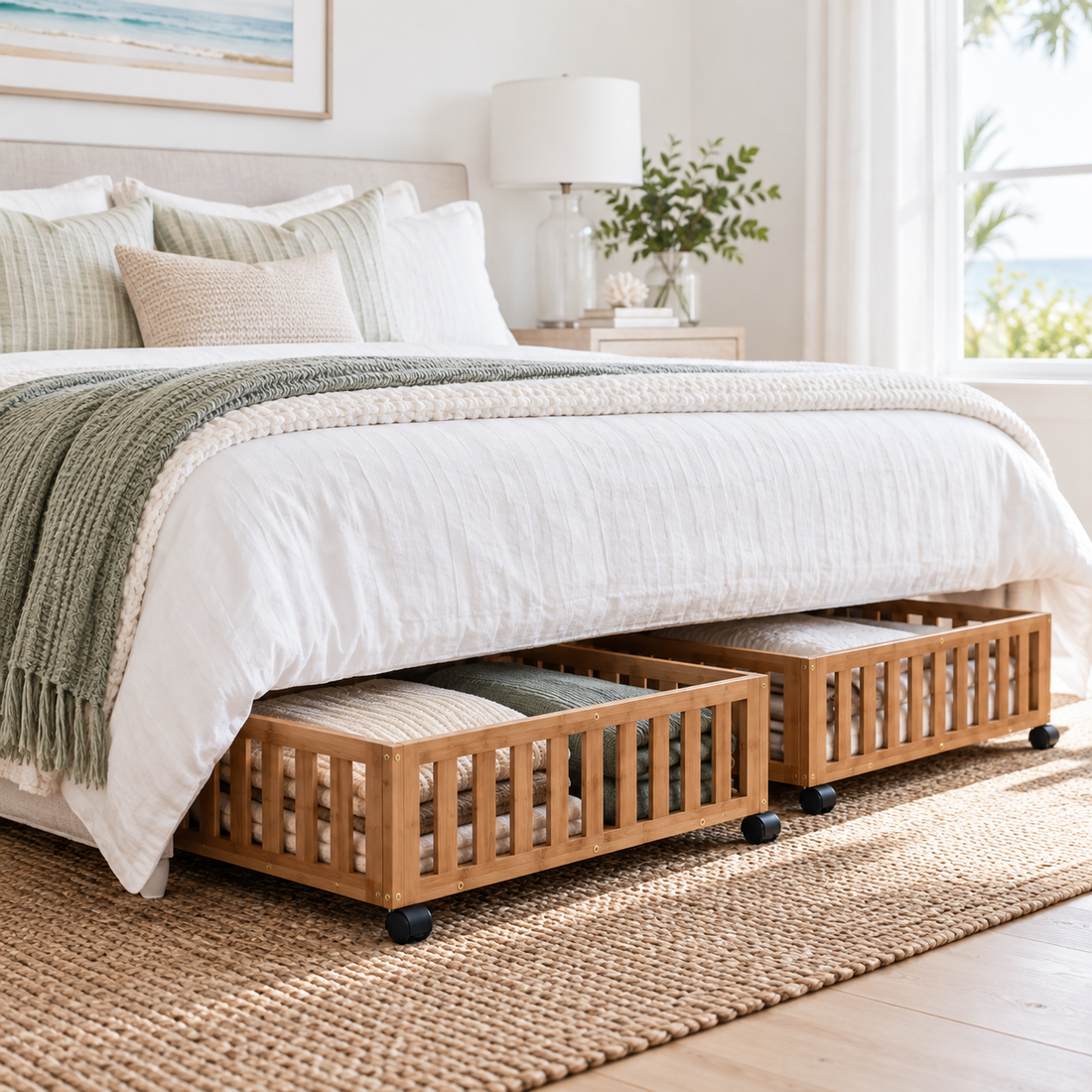 Bamboo underbed storage with wheels in a clean, organized bedroom 
