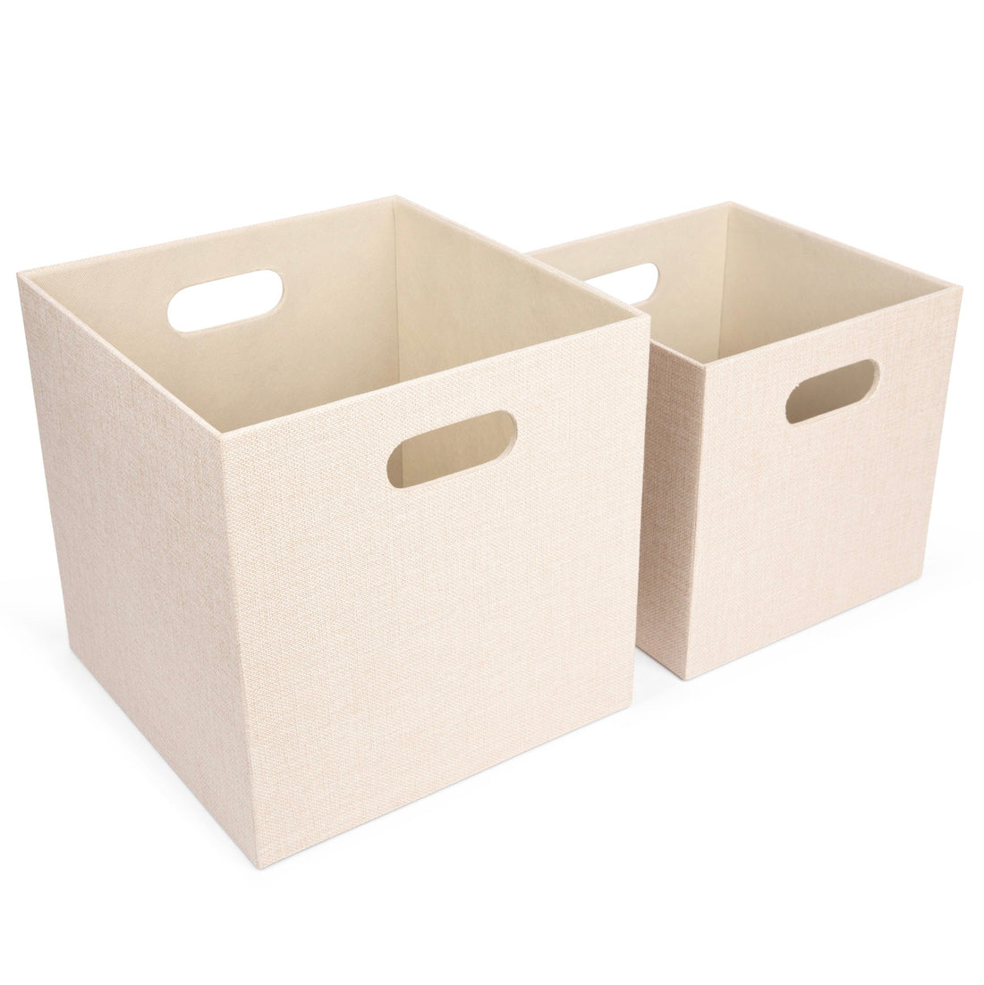 Two beige storage cubes with handles on a white background