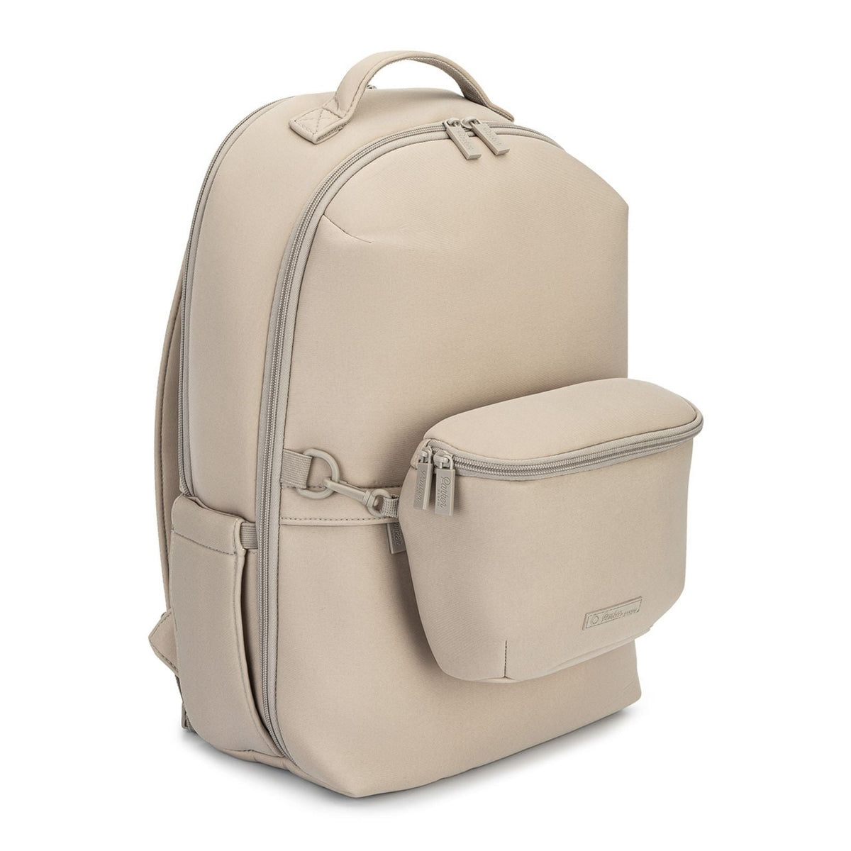 A light beige backpack with a matching zippered front pouch, shown from a three-quarter angle on a white background.