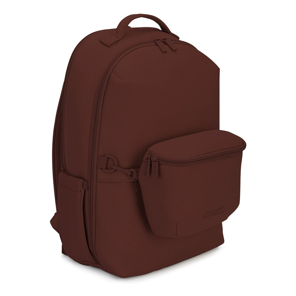 A dark brown backpack with a matching zippered front pouch, shown from a three-quarters angle on a solid white background.