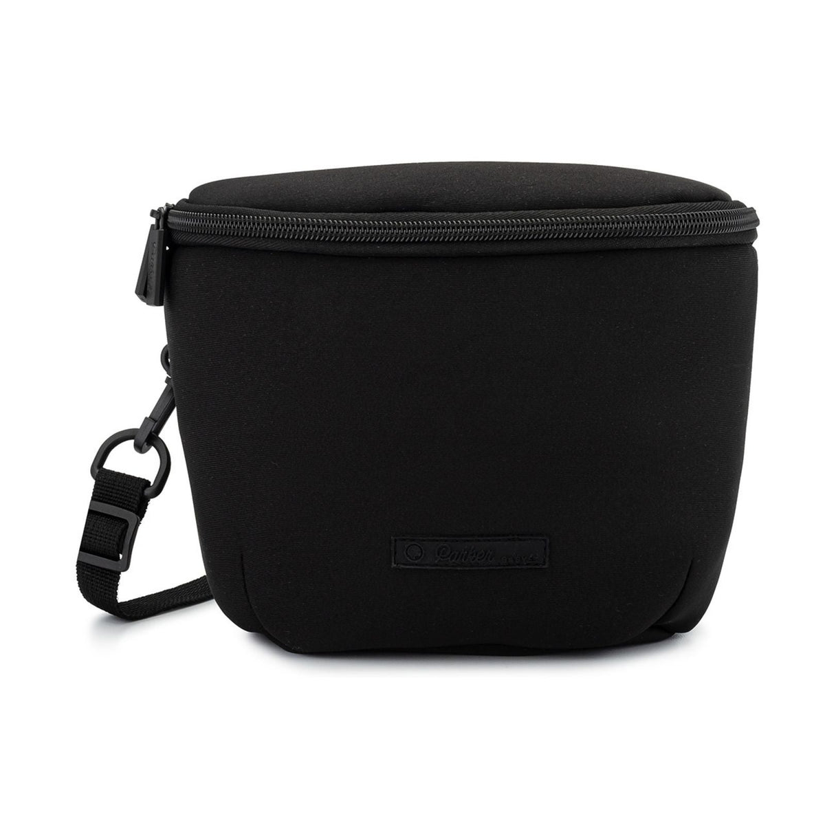 Black round pouch with a strap on a white background