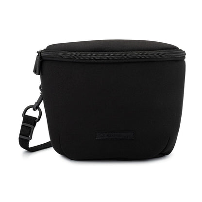 Black round pouch with a strap on a white background