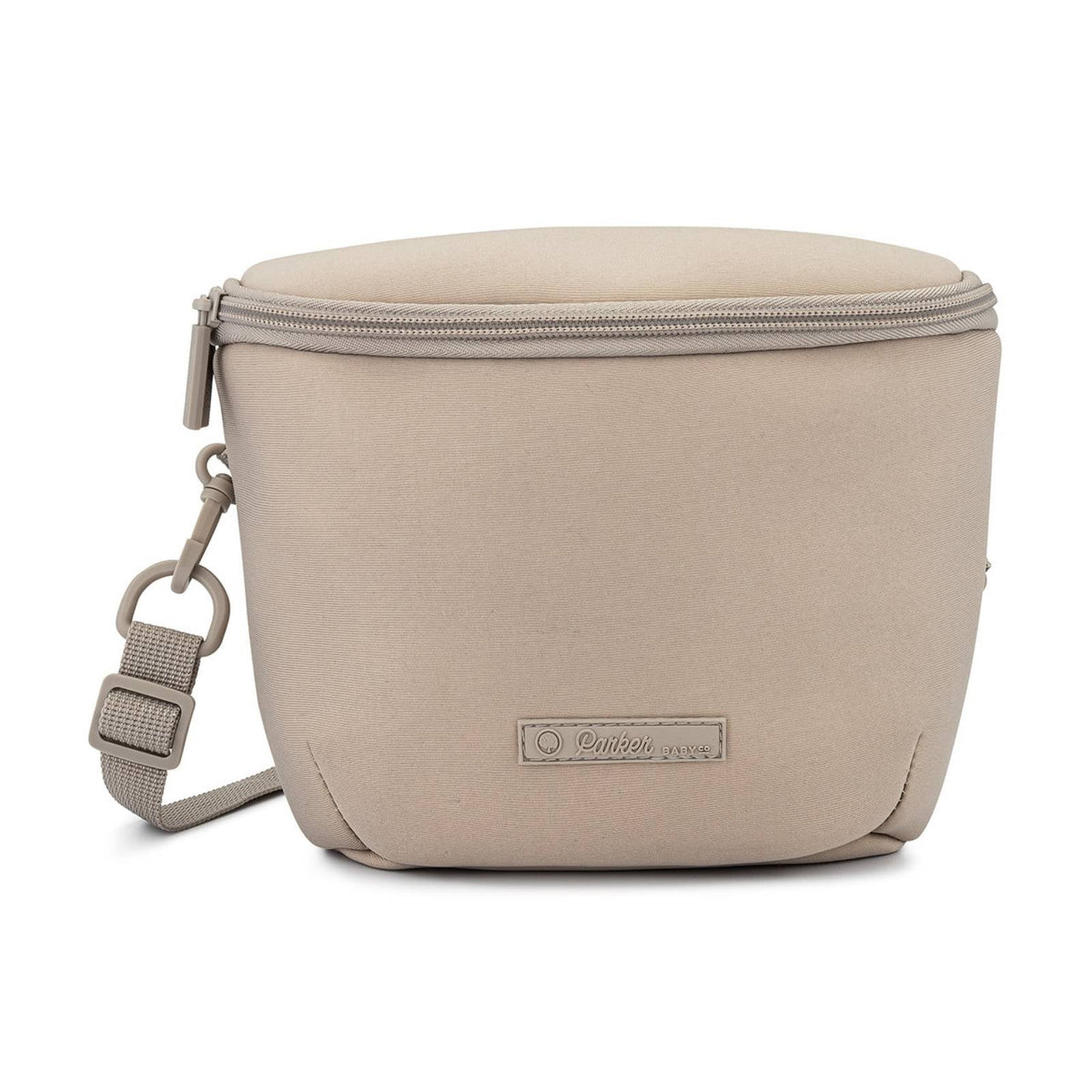 Beige waist bag with a strap on a white background