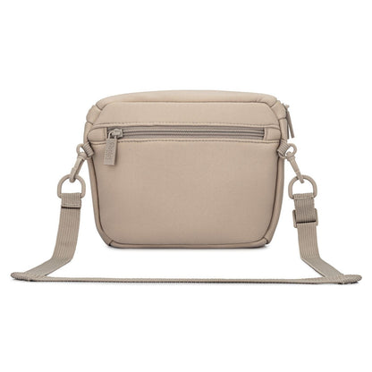 Beige crossbody bag with a strap on a white background