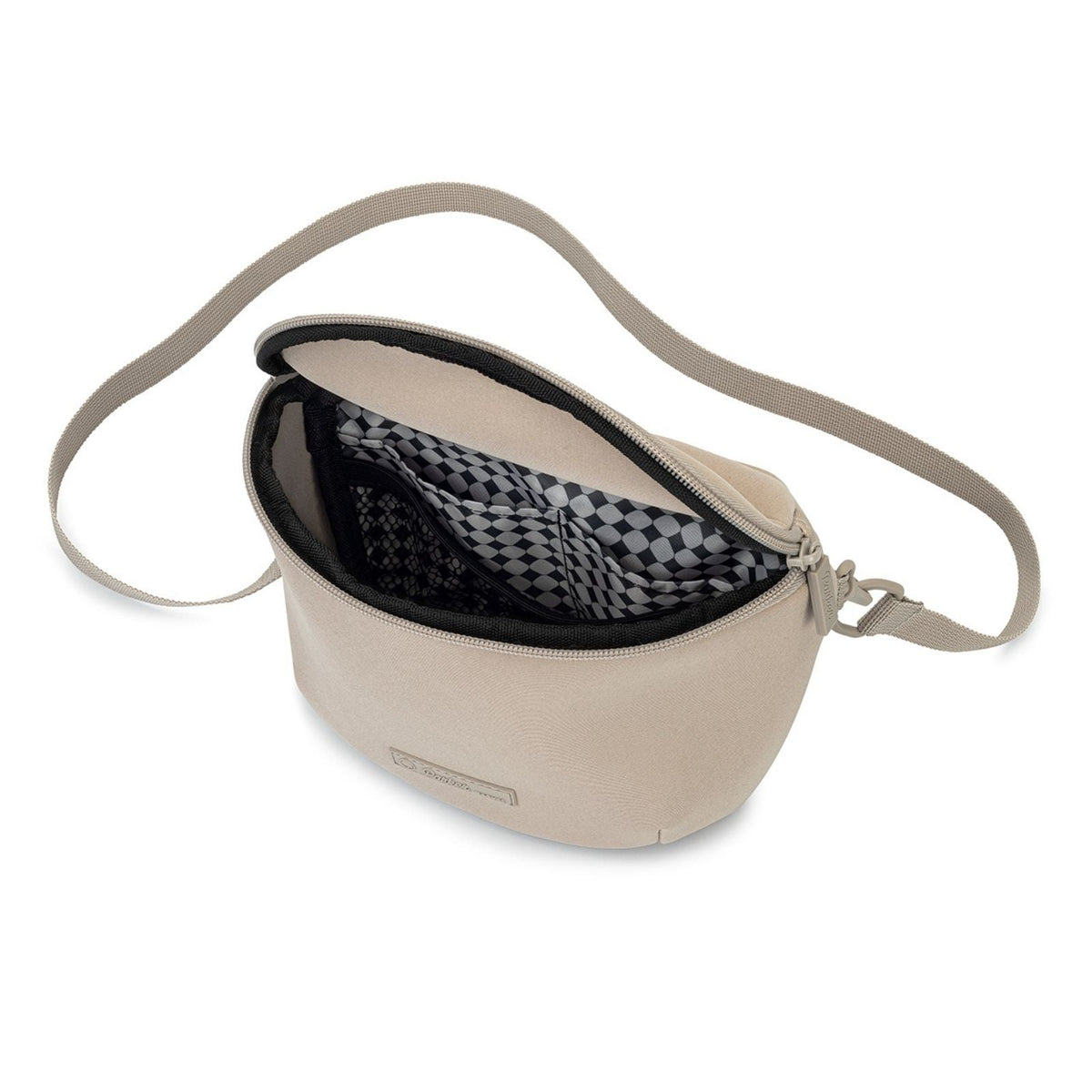 Beige crossbody bag with a checkered lining on a white background