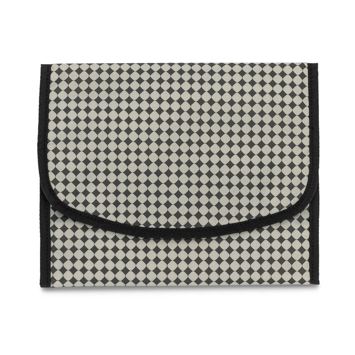 Checkered pouch with black border on a white background