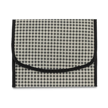 Checkered pouch with black border on a white background