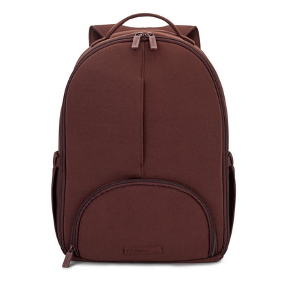 A dark brown backpack with a front zippered pocket and top carry handle, photographed against a solid white background.