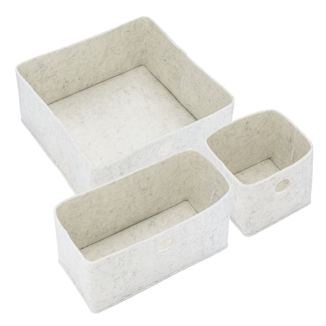 Set of three beige fabric storage boxes with compartments on a white background
