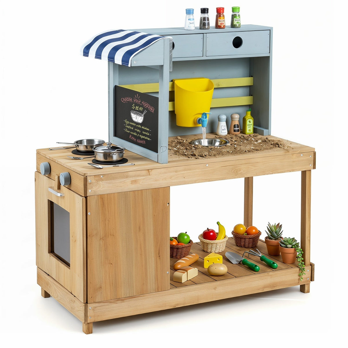 Kids Wooden Mud Kitchen Playset with Canopy and Faucet