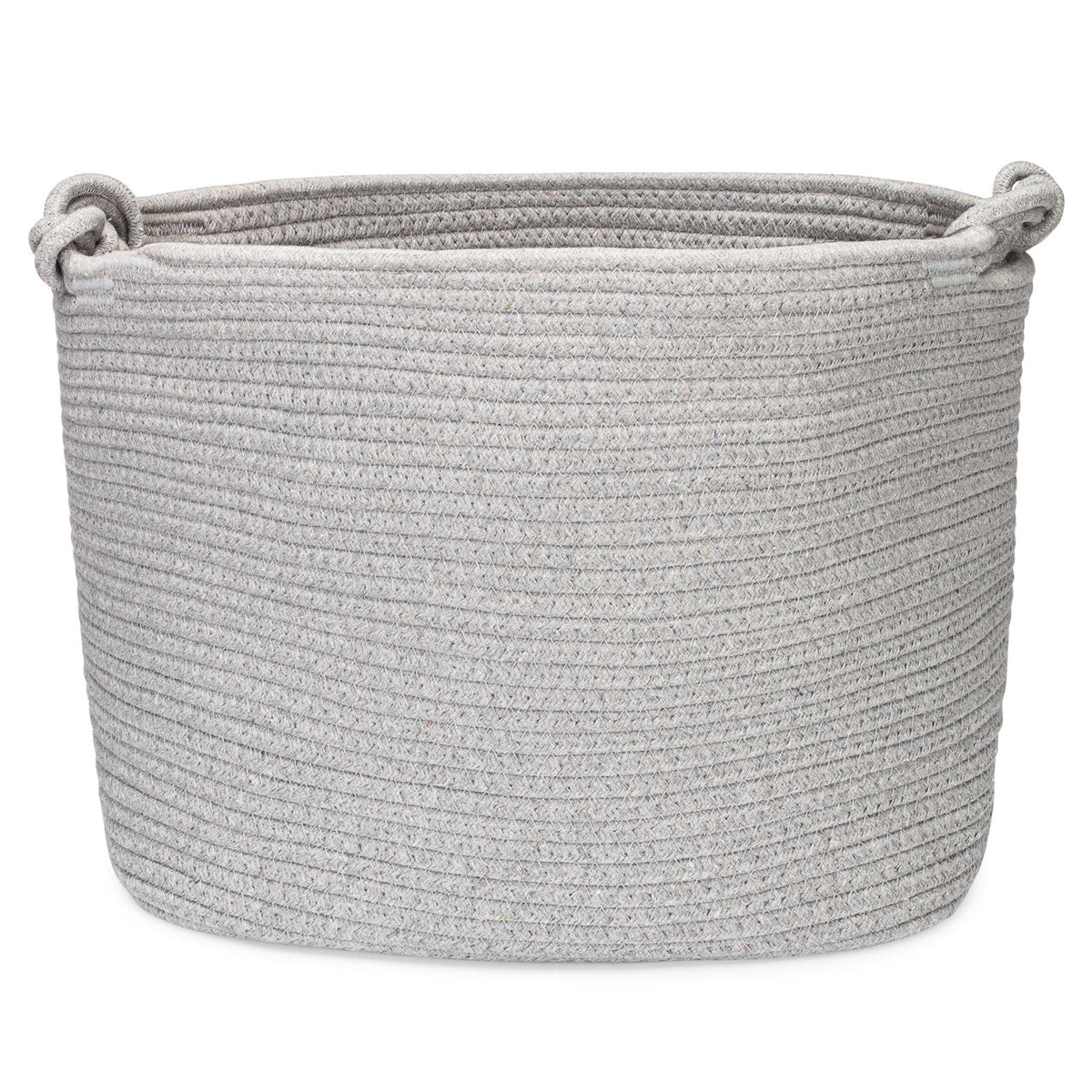 Gray woven basket with handles on a white background