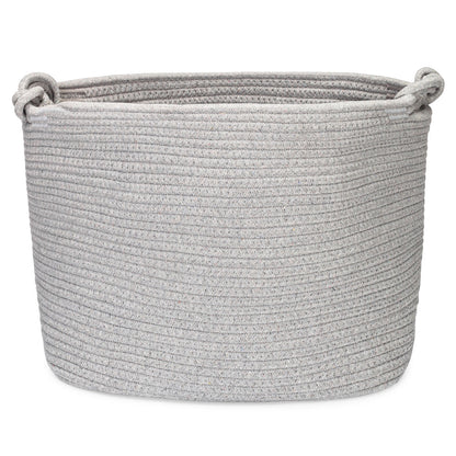 Gray woven basket with handles on a white background