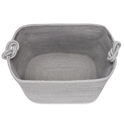 Gray woven basket with handles on a white background