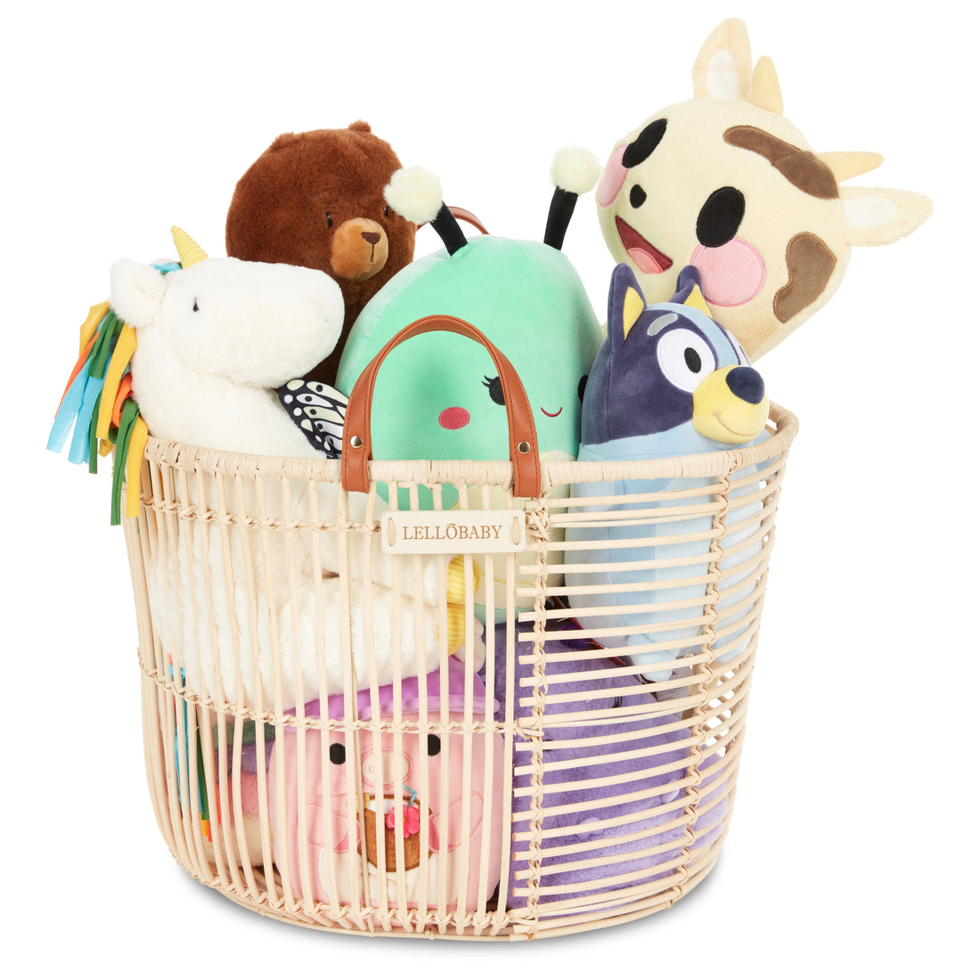 Basket filled with various plush toys on a white background