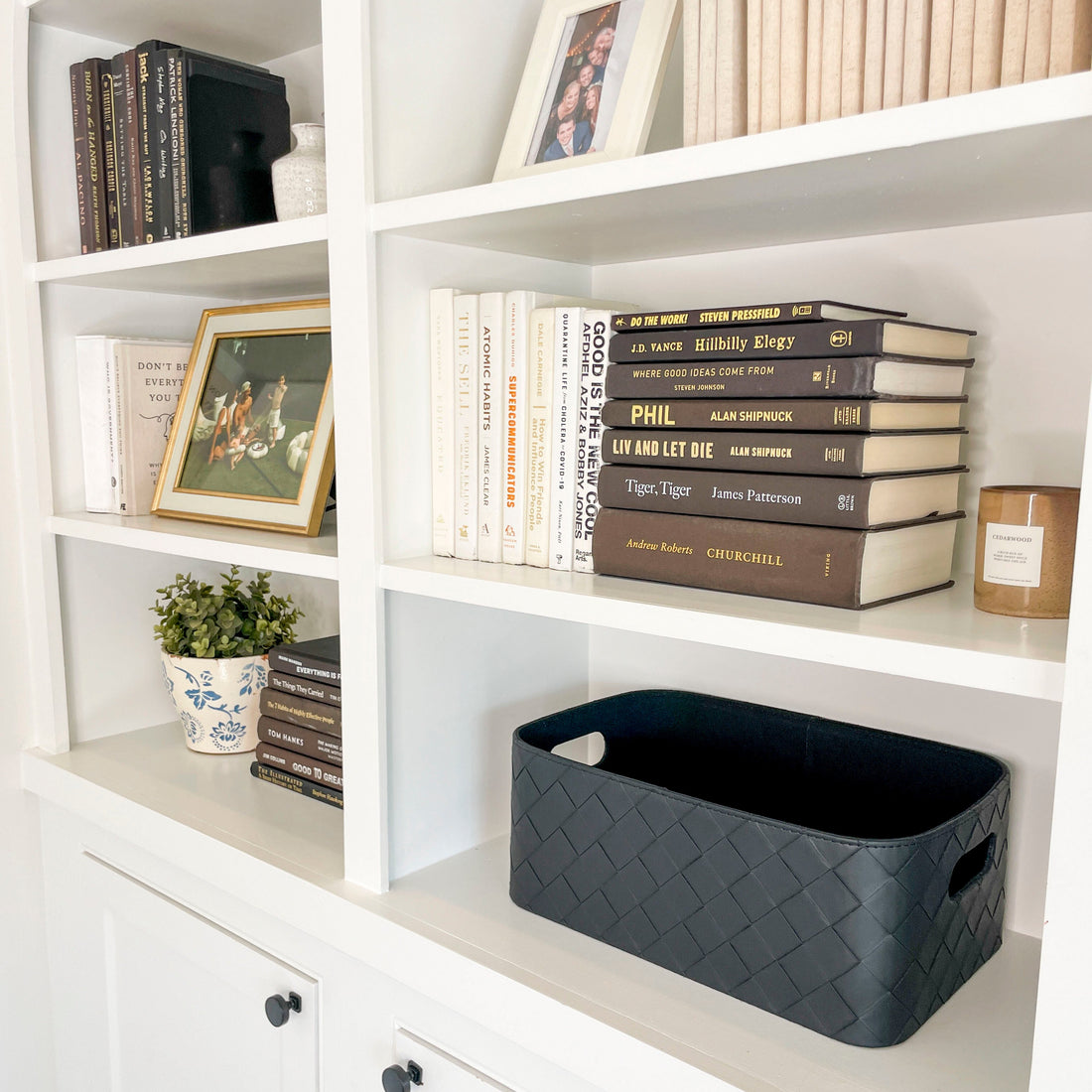 White bookshelf with books, a plant, and a black woven basket.