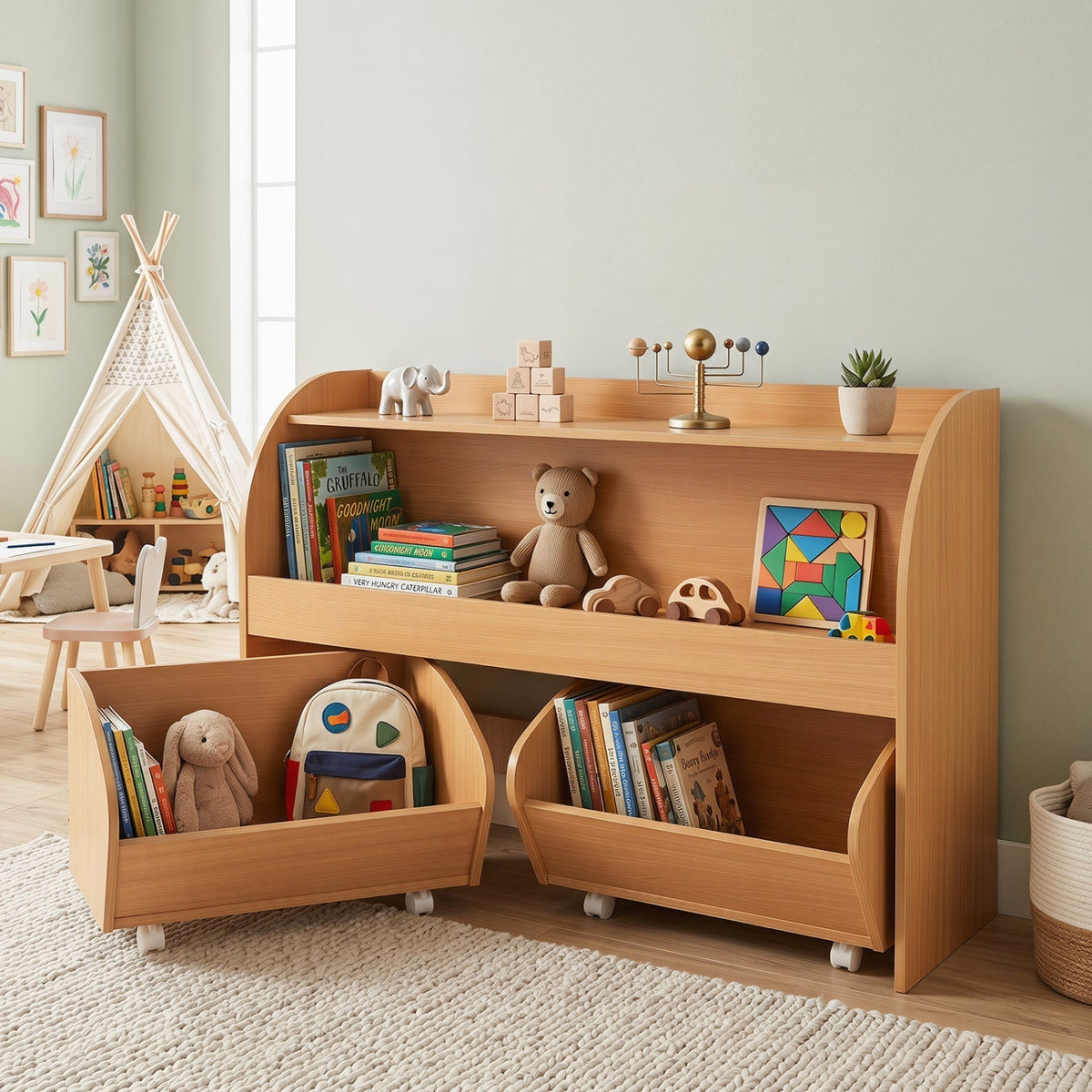 Kids Storage Organizer with Rolling Drawers &amp; Bookshelf