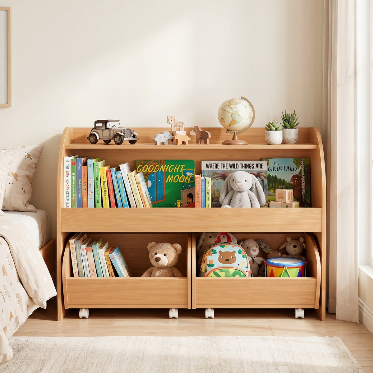 Kids Storage Organizer with Rolling Drawers &amp; Bookshelf