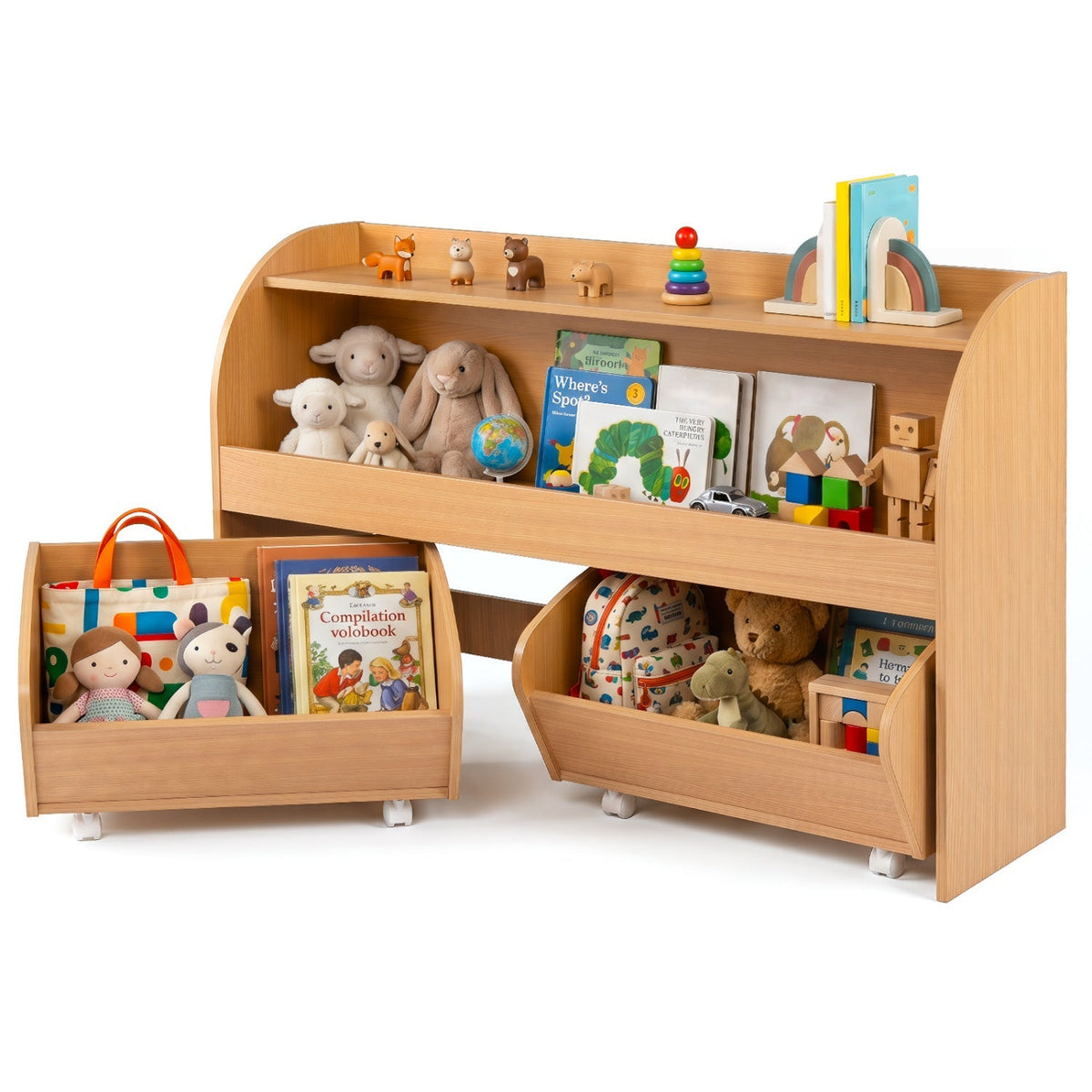Kids Storage Organizer with Rolling Drawers &amp; Bookshelf
