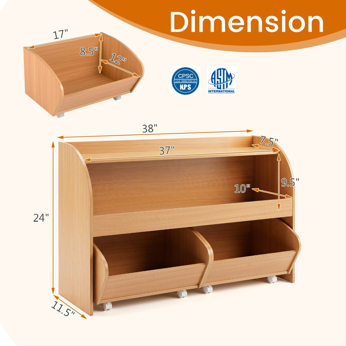 Kids Storage Organizer with Rolling Drawers &amp; Bookshelf