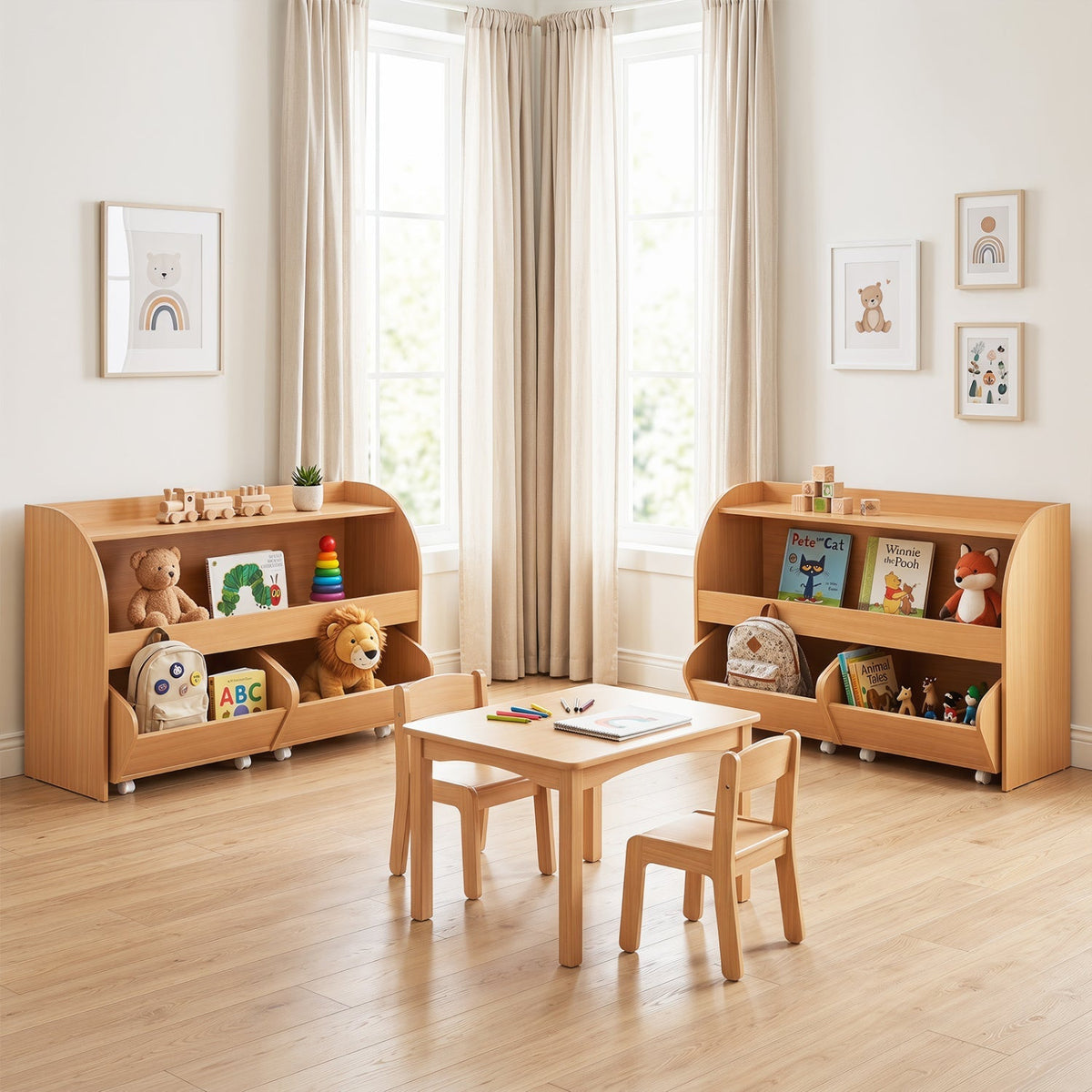 Kids Storage Organizer with Rolling Drawers &amp; Bookshelf