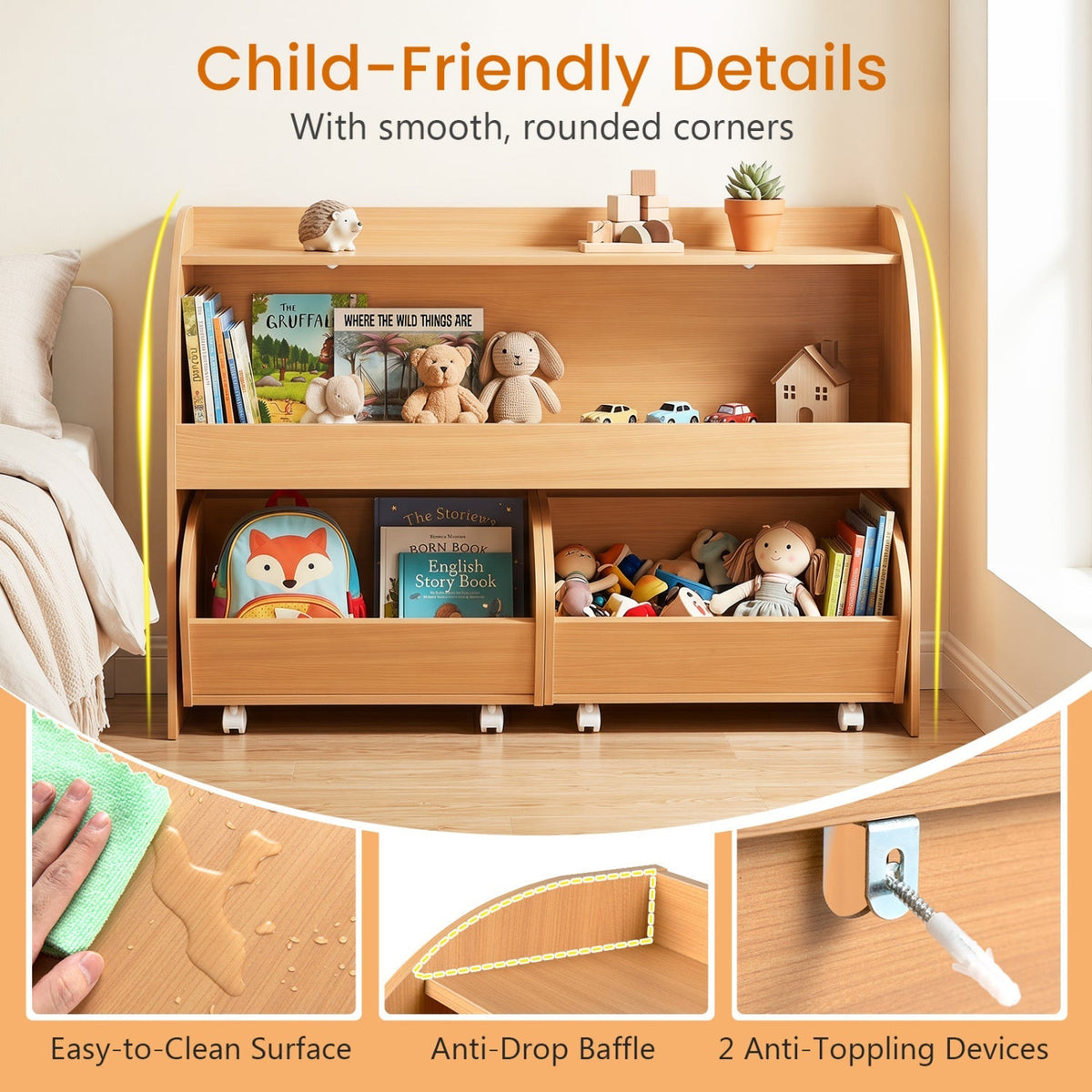 Kids Storage Organizer with Rolling Drawers &amp; Bookshelf