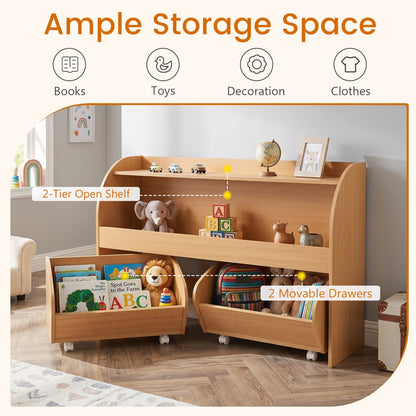 Kids Storage Organizer with Rolling Drawers &amp; Bookshelf