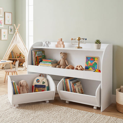 Kids Storage Organizer with Rolling Drawers &amp; Bookshelf