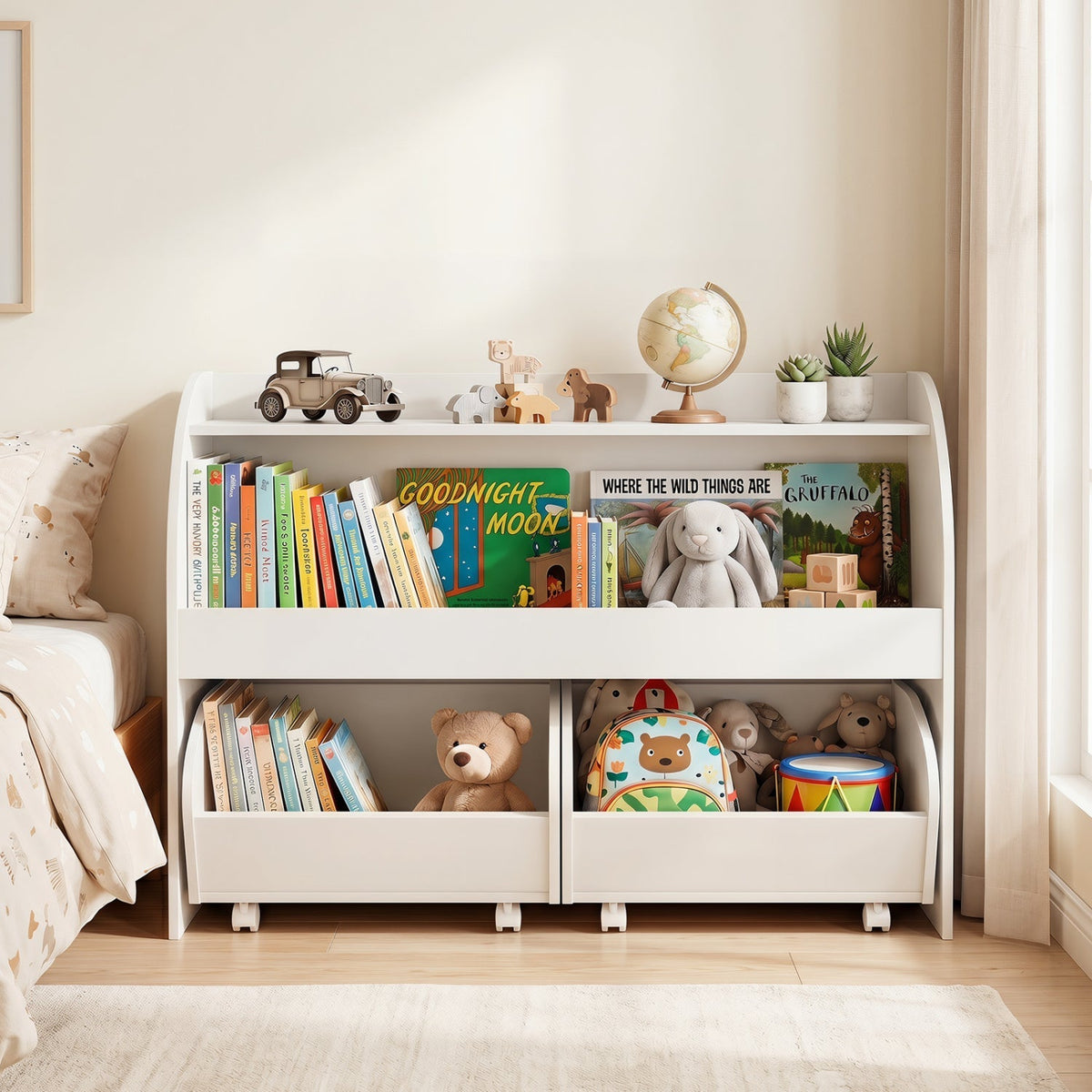 Kids Storage Organizer with Rolling Drawers &amp; Bookshelf