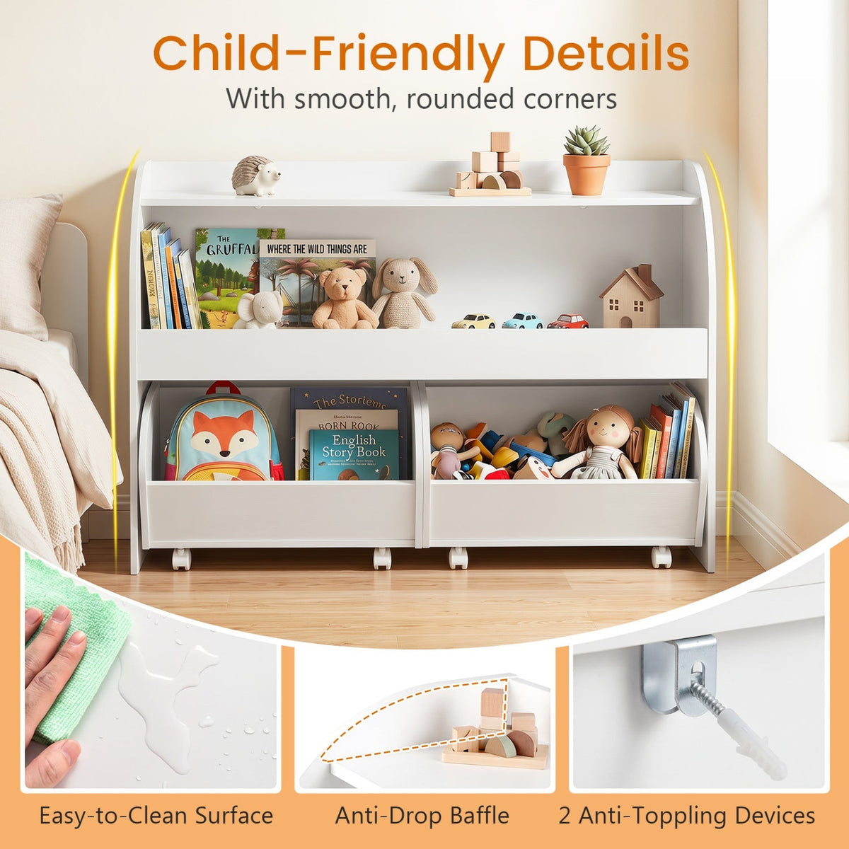 Kids Storage Organizer with Rolling Drawers &amp; Bookshelf