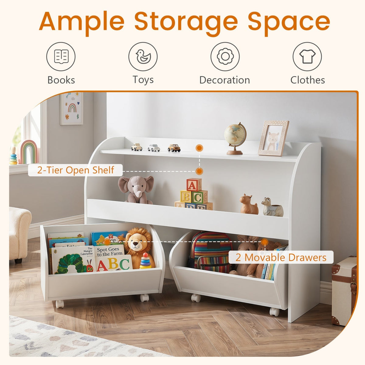 Kids Storage Organizer with Rolling Drawers &amp; Bookshelf